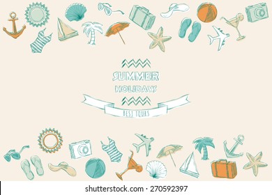 Set of beach icons. Vector illustration in sketch style. Frame for text. Collection of images of recreation and tourism at sea.