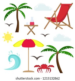 Set of beach illustrations. Vacation at sea. Isolated vector illustration.