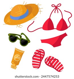 A set of beach items hat, swimsuit, glasses, sunscreen, sneakers. Tourist symbols and attributes for relaxing on the beach in a flat style are isolated on a white background