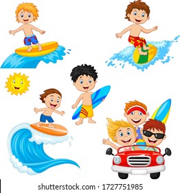 Set of beach kids playing on surf board 