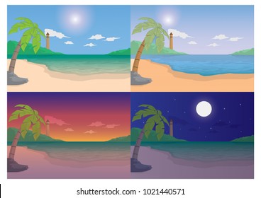 Set Of Beach Landscape With Palm Trees And Sea At Night And Day. Vector Illustration