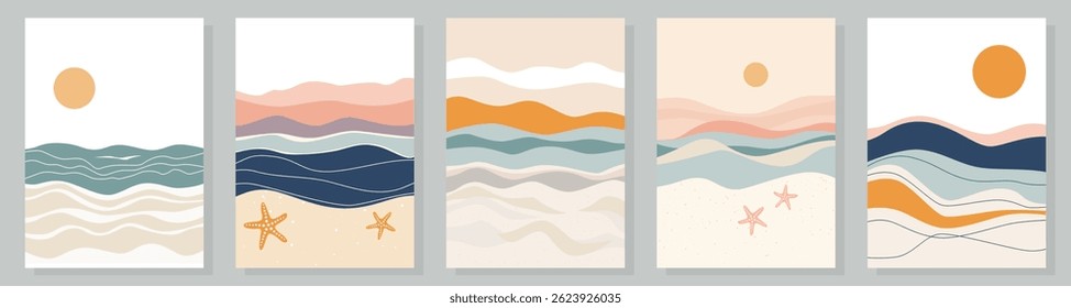 Set of beach landscapes. Abstract beach seascapes for design. Beach, sea, sun, sand, starfish and clouds. Vector illustration for background, poster, banner and design. Sea postcards.