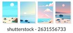 Set of beach landscapes for background and design. Beautiful sea sandy beach with stones and rocks. Collection of beach landscapes at sunrise, sunset, day and night. Paradise nature.
