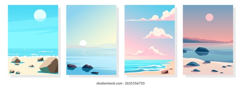 Set of beach landscapes for background and design. Beautiful sea sandy beach with stones and rocks. Collection of beach landscapes at sunrise, sunset, day and night. Paradise nature.