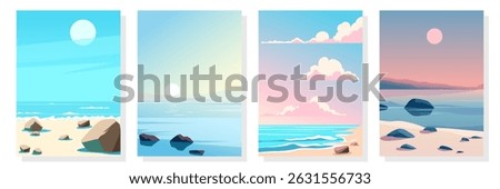 Set of beach landscapes for background and design. Beautiful sea sandy beach with stones and rocks. Collection of beach landscapes at sunrise, sunset, day and night. Paradise nature.