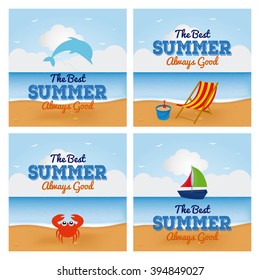 Set of beach landscapes with text and different summer items