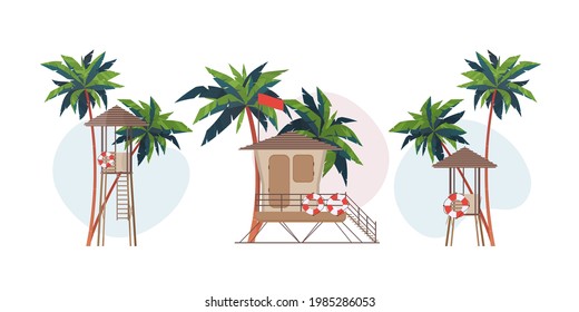 Set Beach lifeguard tower to save drowning people. For banners. Isolated. Vector illustration