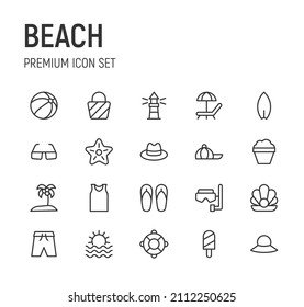 Set of beach line icons. Premium pack of signs in trendy style. Pixel perfect objects for UI, apps and web. 