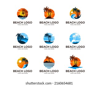 Set of beach logo with mountain, sun, and palm tree logo design Vector template