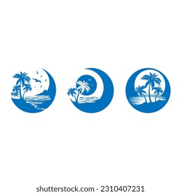 conjunto de símbolos de diseño de silueta del logotipo de la playa ilustración vectorial. logotipo de círculo de playa con palmera y pájaro