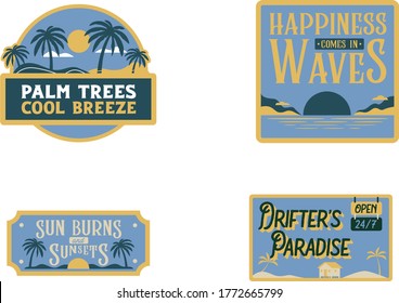 Set of beach logos, bichromatic, blue and gold, surf, beach, palm trees, summer. Logo emblems.