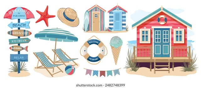 A set of beach marine elements. Beach cottage, armchairs and umbrella, pointer, lifebuoy, ice cream, hat, cabins. Beach scenes on the sand. Illustrated vector clipart.