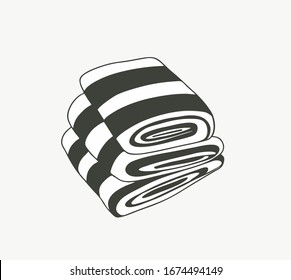 Set of beach, monochrome striped towels, isolated vector. Lie on top of each other. Hand-drawn illustration for the design of covers, booklets, brochures and travel cards. Ready emblem logo for print.