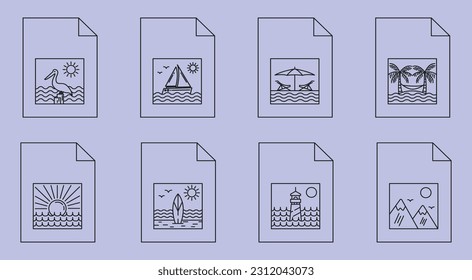 set of beach nature line art logo vector design, beauty landscape abstract minimalist badge design