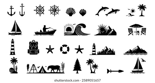 Set of Beach, Ocean, Nautical Silhouettes Including Anchors, Ships, Dolphins, Lighthouses, Waves, Palms, Mountains, Camping, and Marine Elements in High Resolution Vector Format for Design