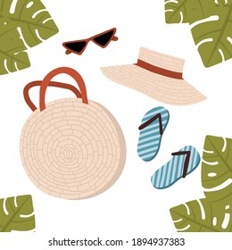 Set for the beach on a white background. Beach bag, hat, slippers, sun glasses. flat illustration