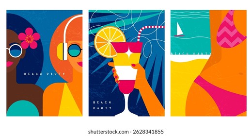 set of beach party summer posters in geometric retro style. a bright flat banner with a summer mood. stock vector illustration. EPS 10.