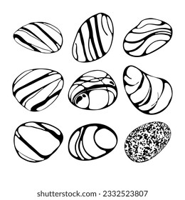 Set of beach pebbles or sea stones in various shapes. Different form and textures, silhouette, monochrome, line art style. Striped sea rock pebbles isolated on white background. Vector illustration