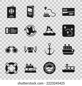 Set Beach pier dock, Cruise ship, Route location, Ship line path, Worldwide, ticket, Passport and Tropical island ocean icon. Vector
