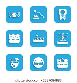 Set Beach pier dock, Glasses, Shark fin in ocean wave, Lighthouse, Coconut cocktail, Wave, Life jacket and Poker table icon. Vector