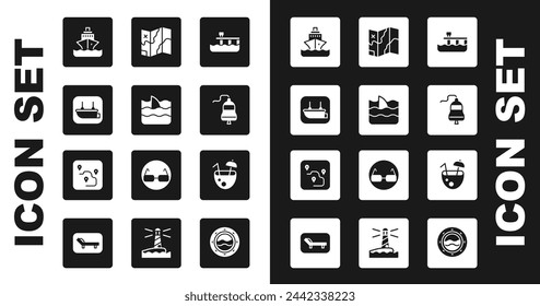 Set Beach pier dock, Shark fin in ocean wave, Lifeboat, Cruise ship, Ship bell, Folded map, Coconut cocktail and Route location icon. Vector