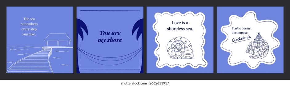 Set of beach posters in line art style. Minimalistic summer. Vector template for banner, post, cover
