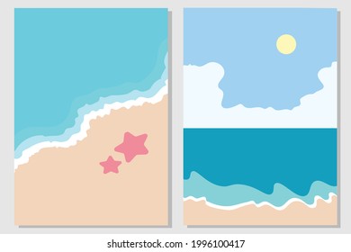 set of beach room décor, wall art tropical water sunny baby color starfish sun mid-century baby blue pretty cute beach art holiday, outdoor summer background seascape sky island trip, destination