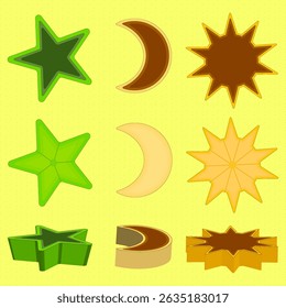Set of beach sand molds for kids in shapes of stars, moons, and suns on yellow background. Colorful vector illustration for summer and playtime themes. For summertime, beach, vacations, outdoor design