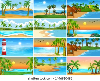 Set of beach scenes illustration