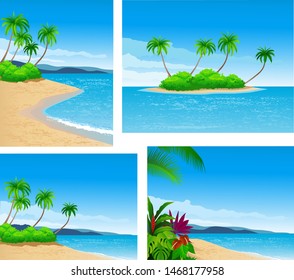 Set of beach scenes with palm trees