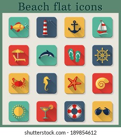 Set of beach and seaside flat icons with long shadows. Vector illustration.