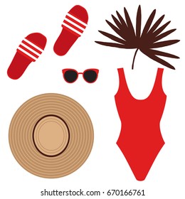 Set with Beach shoes, Sunglasses, high-cut Swimsuit, Straw hat. Accessories for the summer holidays. Vector illustration.