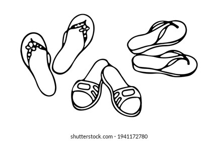 Set of beach shoes. Women's summer shoes. Sandals. Rubber slippers for home and leisure. Vector illustration hand drawn in outline style doodle.