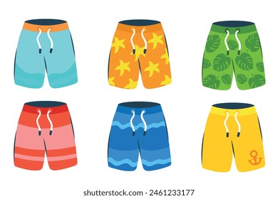 A set of beach shorts with different designs and colors. Vector illustration of summer short pants icons.