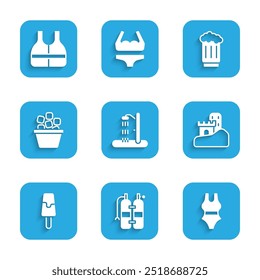 Set Beach shower, Aqualung, Swimsuit, Sand castle, Ice cream, bucket, Wooden beer mug and Life jacket icon. Vector