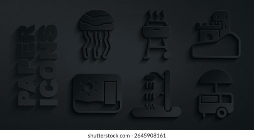 Set Beach shower, Sand castle, Travel postcard, Fast street food cart, Barbecue grill and Jellyfish icon. Vector