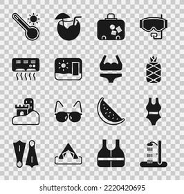 Set Beach Dusche, Badeanzug, Ananas, Koffer, Reisekarte, Klimaanlage, Thermometer und Icon. Vektorgrafik