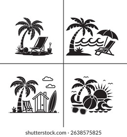 set of beach silhouette design vector, black color silhouette white color background