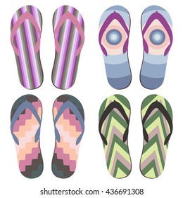 Set of Beach Slippers. Colorful Summer Flip Flops Over White Background