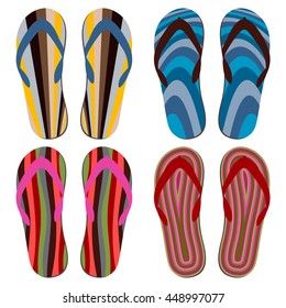 Set of Beach Slippers. Colorful Summer Flip Flops Over White Background.