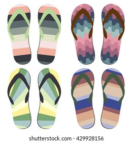 Set of Beach Slippers. Different Styles and Colors of Summer Flip Flops Over White Background
