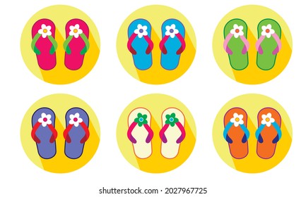 Set of beach slippers, flip flops, sandals. Flat icon with long shadow on a round yellow background. Flat design style. Vector, different colors