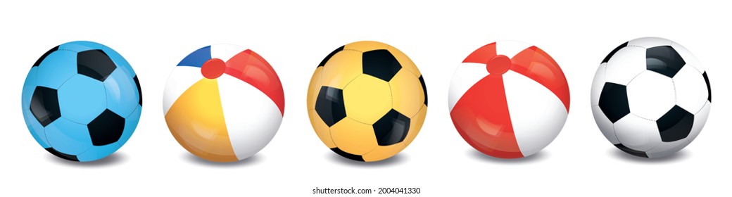 Set of beach and soccer balls. Vector 3D realistic glossy balls. Isolated illustration on a white substrate.