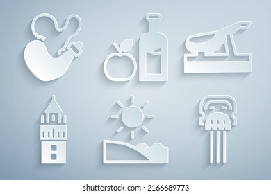Set Beach, Spanish jamon, Giralda, Peineta, Apple cider bottle and wineskin icon. Vector