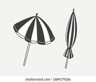 Set of beach, striped umbrellas, monochrome, black and white. Drawn in flat style illustration. Isolated vector. Ready emblem logo for print.