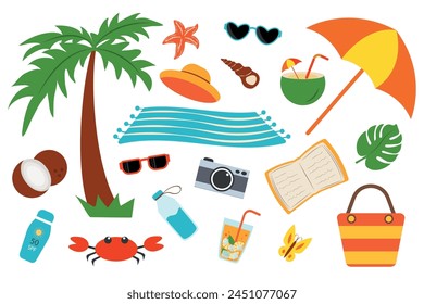 Set of beach summer elements. Vector illustration of elements for beach holiday, relaxation by the pool, lake, pond.