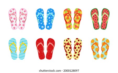 Set of beach summer flip flops with different colorful bright designs. Vector elements.