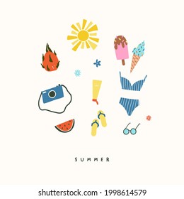 Set of beach summer holiday items swimsuit, photo camera, slates, sun, watermelon. Summer icons vector illustration in flat hand drawn doodle style