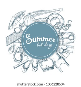 Set of beach summer holidays accessories, sketch cartoon illustration. Vector