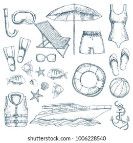 Set of beach summer holidays accessories, cartoon illustration. Vector